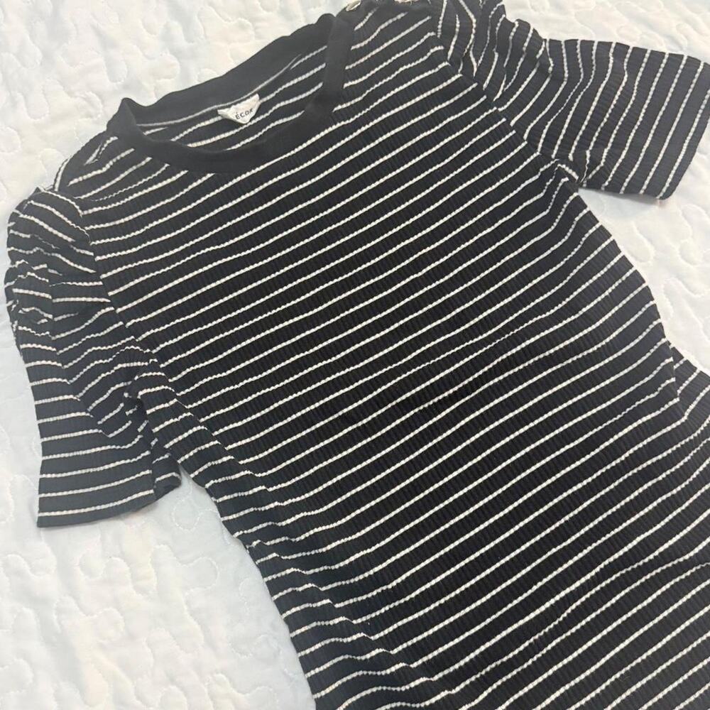 Décor ribbed black & white striped short sleeve top ruching sleeves work preppy
